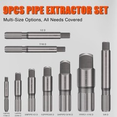 Heavy Duty 9pc Pipe Extractor Set &ndash; Size-Marked Broken Pipe Remover Tool for Plu