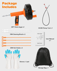 Drain Auger 25 Ft, Auto Feed Plumbing Snake Hair Clog Remover with Drill Adapter