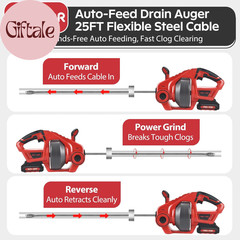 20V Cordless Electric Drain Auger, 25Ft Auto-Feed Drain Snake, Replaceable Cable