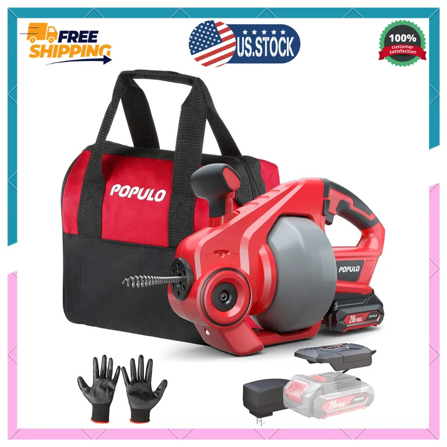 Populo 20V Cordless Drain Auger 25Ft Auto-Feed Snake with Battery and Charger