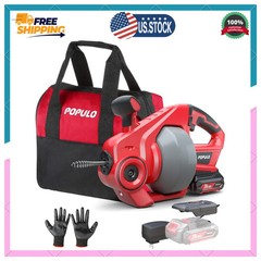Populo 20V Cordless Drain Auger 25Ft Auto-Feed Snake with Battery and Charger