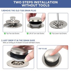 Brushed Nickel Universal Tip Toe Tub Stopper, Pop Up Bathtub