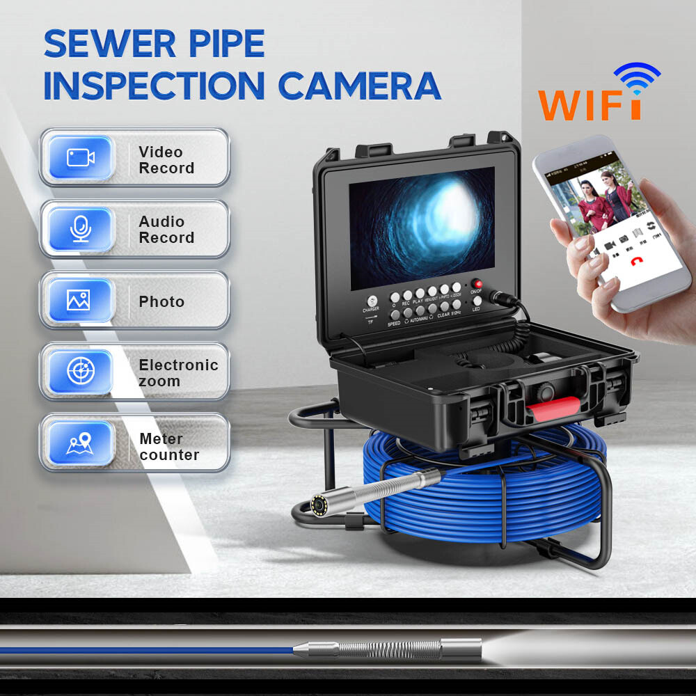 9&rdquo; 30M HD DVR WIFI Sewer Camer Pipe Inspection Camera Meter Counter 23mm Camera