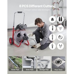 Uimoso 75FT x 3/8 Inch Drain Cleaning Machine with Auto Feed and 8 Cutter Heads