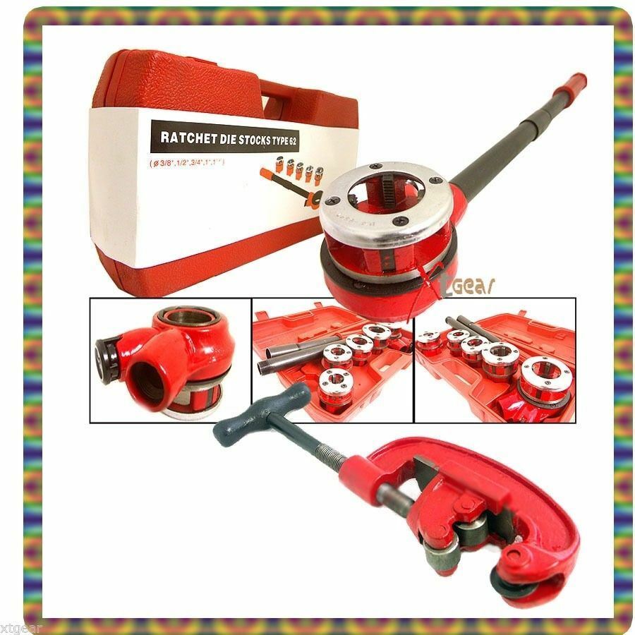5pc Pipe Threader Ratchet Type w/ Dies 3/8&Prime; to 1-1/14&Prime; + FREE #2 Pipe Cutter