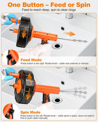 Drain Auger 25 Ft, Auto Feed Plumbing Snake Hair Clog Remover with Drill Adapter