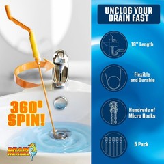 FlexiSnake Drain Weasel Sink Snake Handle + 5 Refill Wands, Orange/Yellow