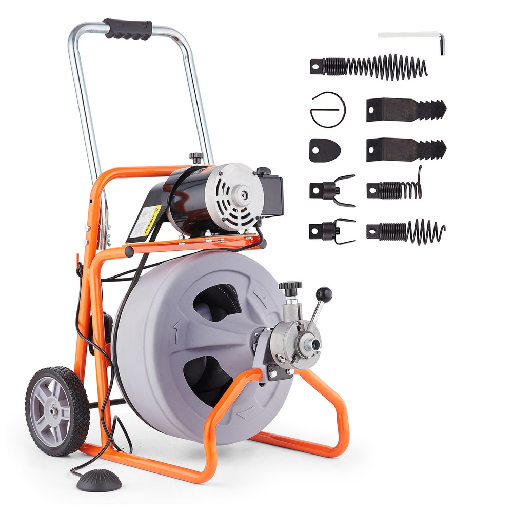 Drain Cleaner Machine 75FT x 1/2 Inch Auto Feed with Wheels & 8 Cutters