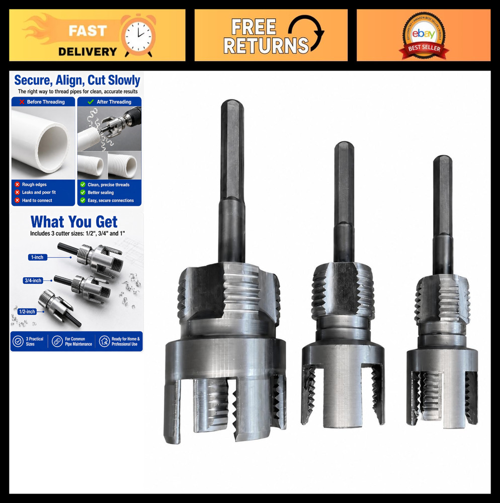 3PCS PVC Pipe Threader Kit &ndash; Internal & External Tool Set, 1/2&Prime;, 3/4&Prime;, 1&Prime; Dies,
