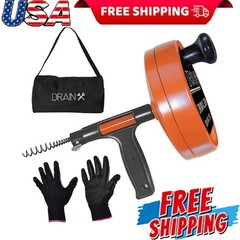 Heavy-Duty-Steel Pro Drum Drain Auger 25 Ft W/ Work Gloves & Carrying Pouch New