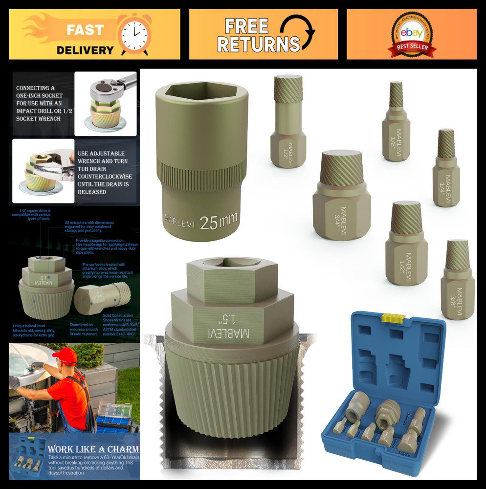 1.5&Prime; Tub Drain Extractor Set &ndash; 8PCS Pipe Nipple Tools, Remove Stubborn Rusted St