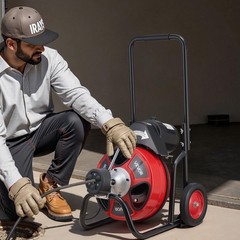 Electric Sewer Auger: 50FT 3/8&Prime; Solid Core Steel Cable, Auto-Feed, 4 Cutters