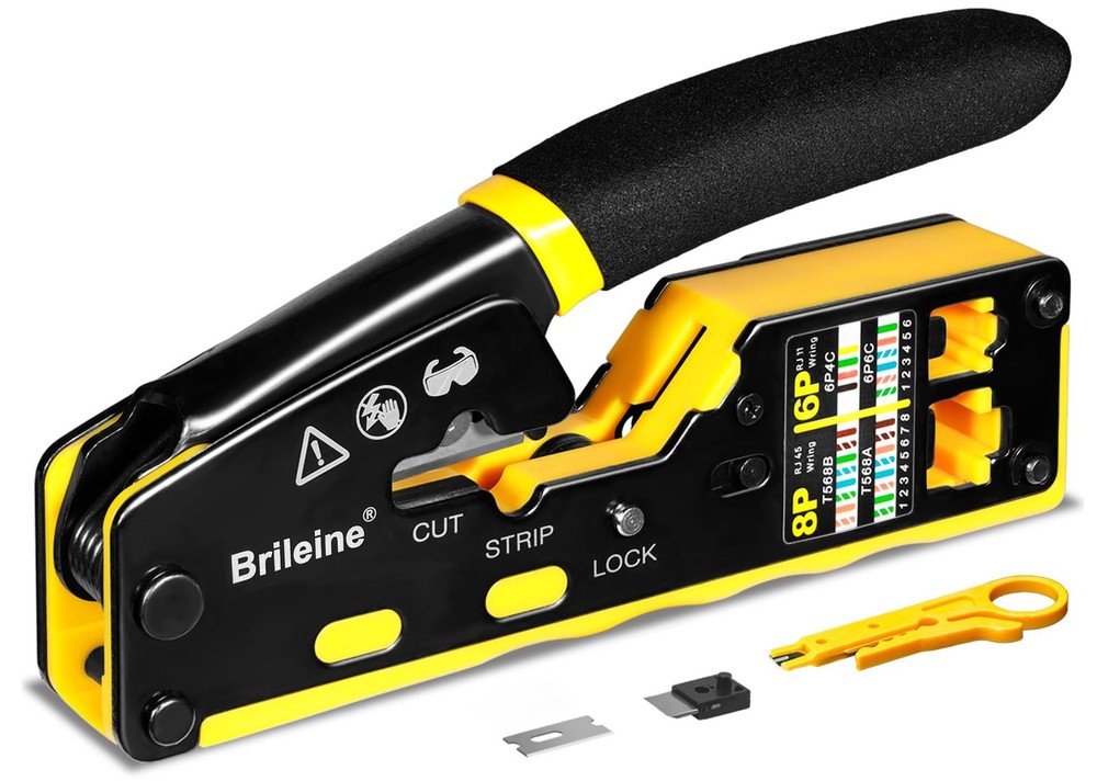 Brileine RJ45 Crimp Tool Pass Through 2.7 inches x 5.3 inches, Yello + Black