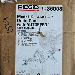 Ridgid 36008 K-45AF-7 Drain Cleaning Machine with C-1IC/ C-6/ C-21 Cables.