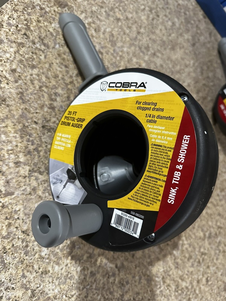 COBRA TOOLS 85200 1/4&Prime; X 20&rsquo;&rsquo; Plastic Drum Auger Clogged Sinks/Tub Drains Snake