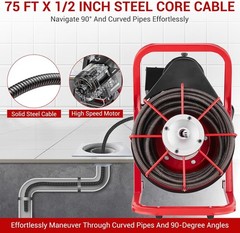 75FT x 1/2 Inch Drain Cleaner Machine Drain Auger Manual Feed & 6 Cutters