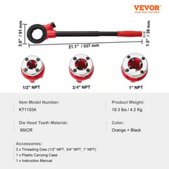 Ratchet Pipe Threader Kit, 1/2 In. NPT, 3/4 In. NPT, 1 In. NPT Manual Ratcheting