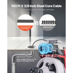 Uimoso Drain Cleaning Machine 100 FT x 3/8 In with Auto Feed,Wheels & 8 Cutters