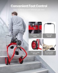 Portable Drain Auger: 75FT Steel Cable, Wheels, Foot Switch
