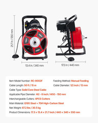Drain Cleaner Machine 50 FT X 1/2 Inch, Manual Feed Sewer Snake Auger with 4 Cut