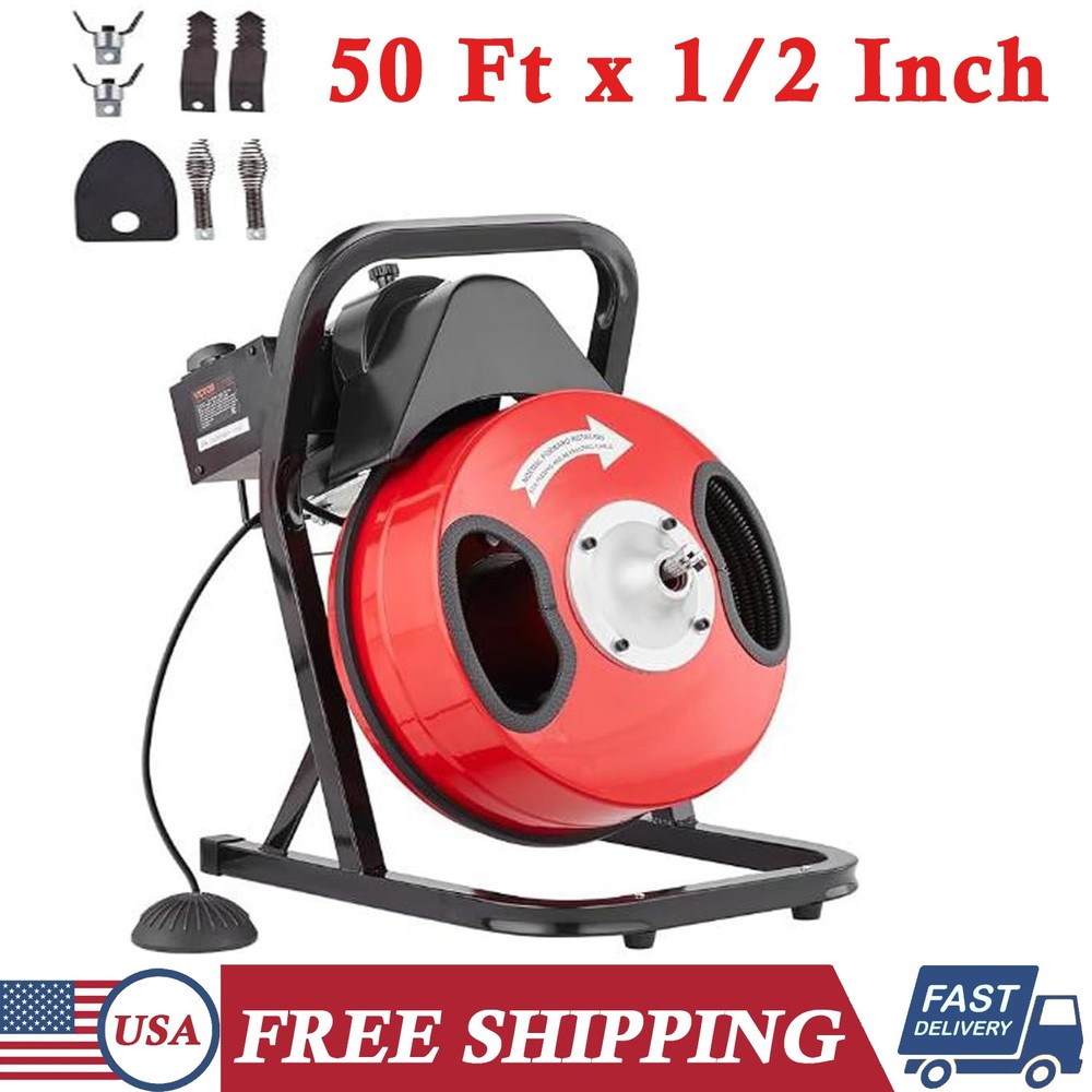 50 ft x1/2&rdquo; Drain Cleaner Machine Sewer Snake Electric Drain for 2&Prime; to 4&Prime; Pipes