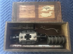 Misc. vintage wood handled tools and large pipe threading kit in wooden box