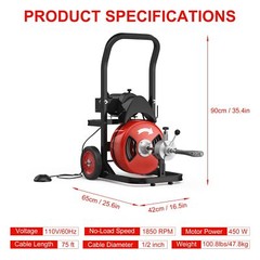 Electric Drain Cleaner Machine 75FT x 1/2 Inch 450W Auto Feed Sewer Snake Auger