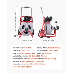 Uimoso 75FT x 1/2 Inch Drain Cleaning Machine with Auto Feed, Wheels & 8 Cutters