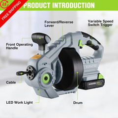 WORKPRO 20V Electric Drain Auger, 25Ft Plumbing Snake Hair Removal Gray