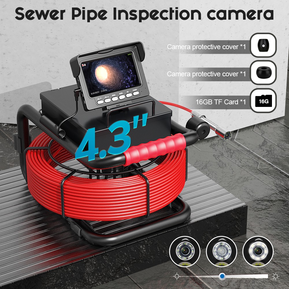 30M Pipe Inspection Video Camera 17mm 1000TVL 4.3inch Monitor 16GB Sewer Camera