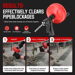 6-in-1 Drain Auger Kit, 33FT Plumbing Snake with Drill Adapter, Hair Remover & T
