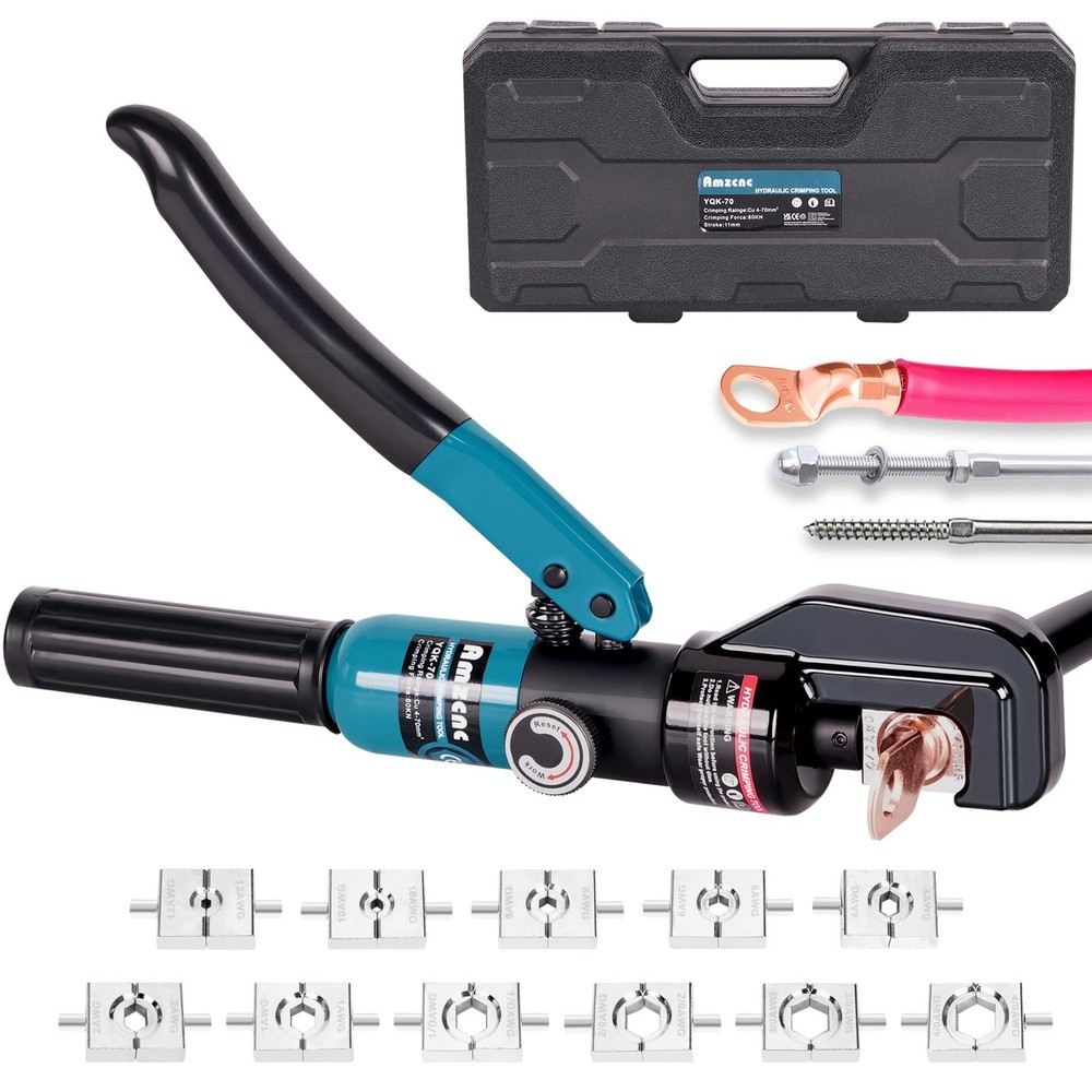 AMZCNC Hydraulic Crimping Tool Battery Cable Crimper 12AWG-4/0AWG 11 Hex Dies