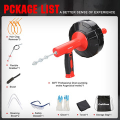 Drain Auger 33 Ft with Easy Cable Rewind System, Plumbing Snake with Drill Adapt