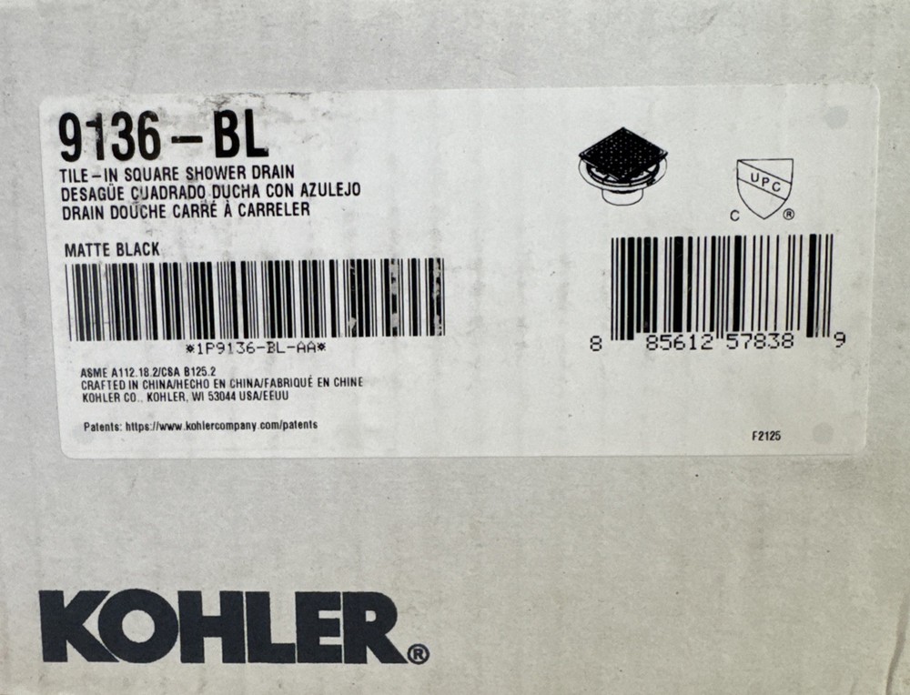 Kohler 9136-BL Tile in Square Shower Drain Matte Black NEW