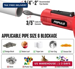 POPULO 12V Cordless Electric Drain Auger, Auto Feed Plumbing Snake Drain for Unc