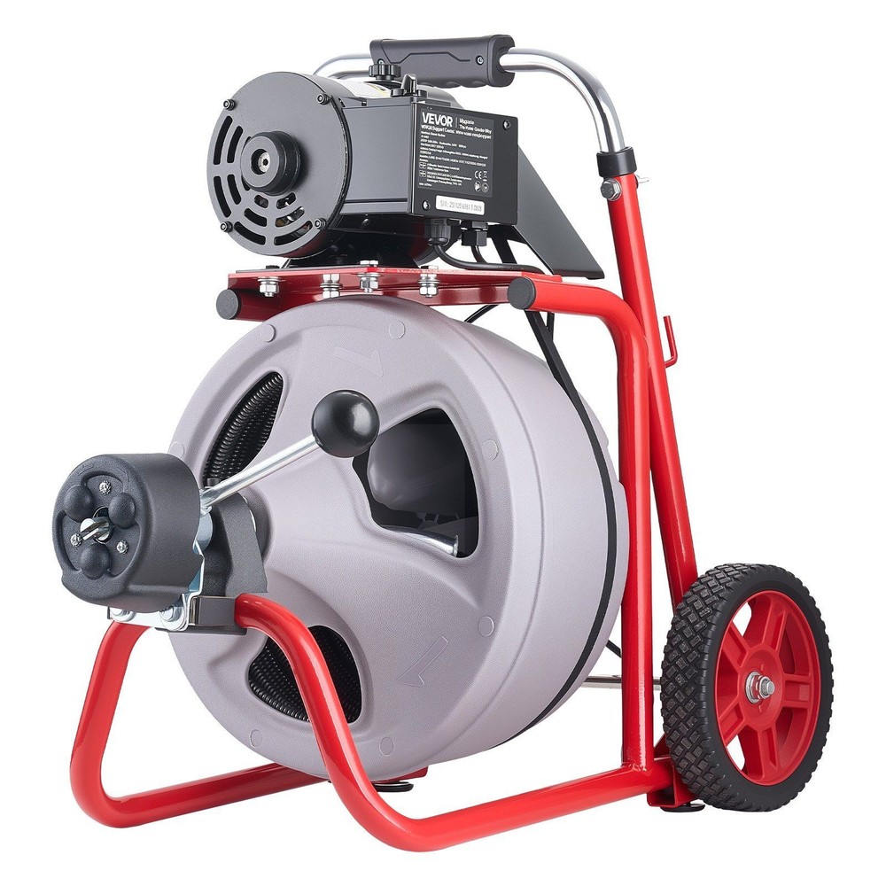 Portable Drain Auger: 75FT Steel Cable, Wheels, Foot Switch