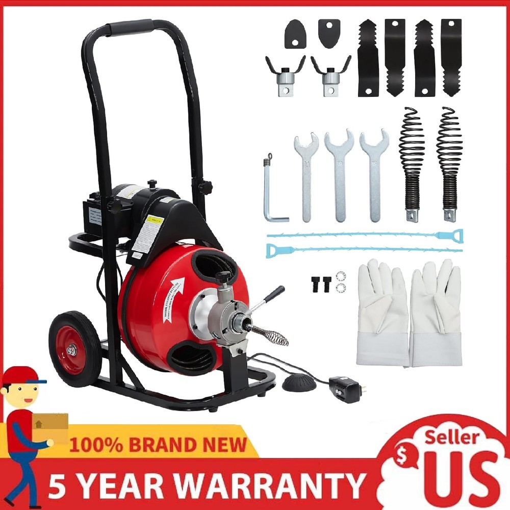 Auto Feed Drain Cleaner Machine 75Ft x 1/2&Prime; Portable Sewer Snake Auger 8 Cutters