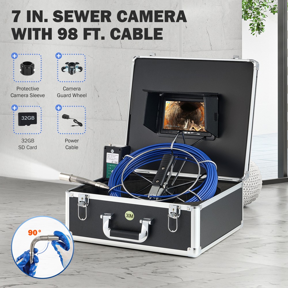 7 in. Self-Leveling Sewer Inspection Camera with 98ft Cable 12 LED Lights IP68