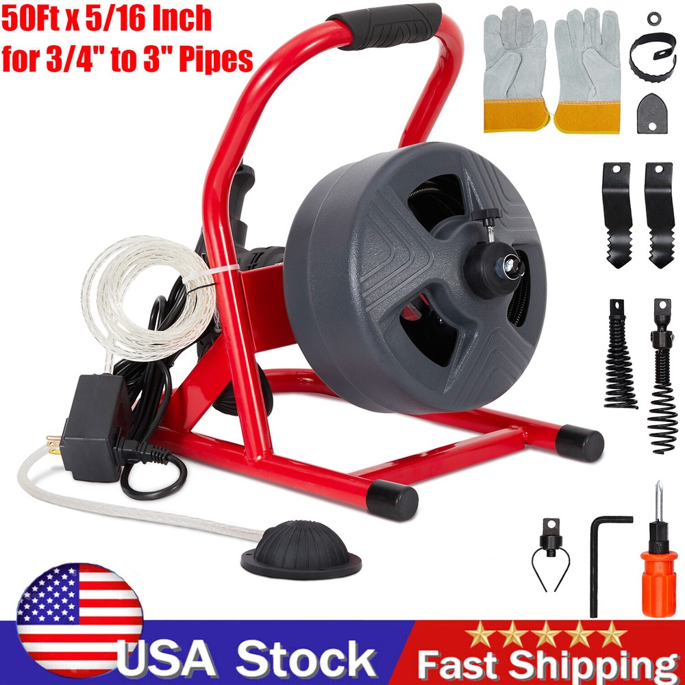 50Ft x 5/16&Prime; Drain Cleaner Machine for 3/4&Prime; to 3&Prime; Pipe Drain Auger Sewer Snake