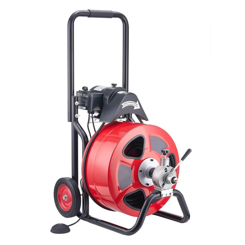 Auto-Feed Drain Auger: 100ft Steel Cable, 1700RPM, Foot Switch, 4 Cutters