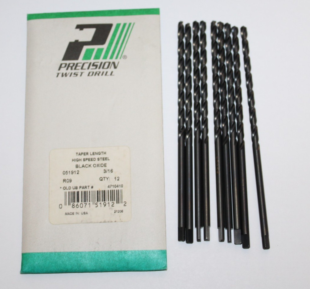 PRECISION TWIST DRILL 051912 3/16 HSS TAPER DRILL BIT &ndash; 6&Prime; &ndash; QTY OF 9 &ndash; NEW