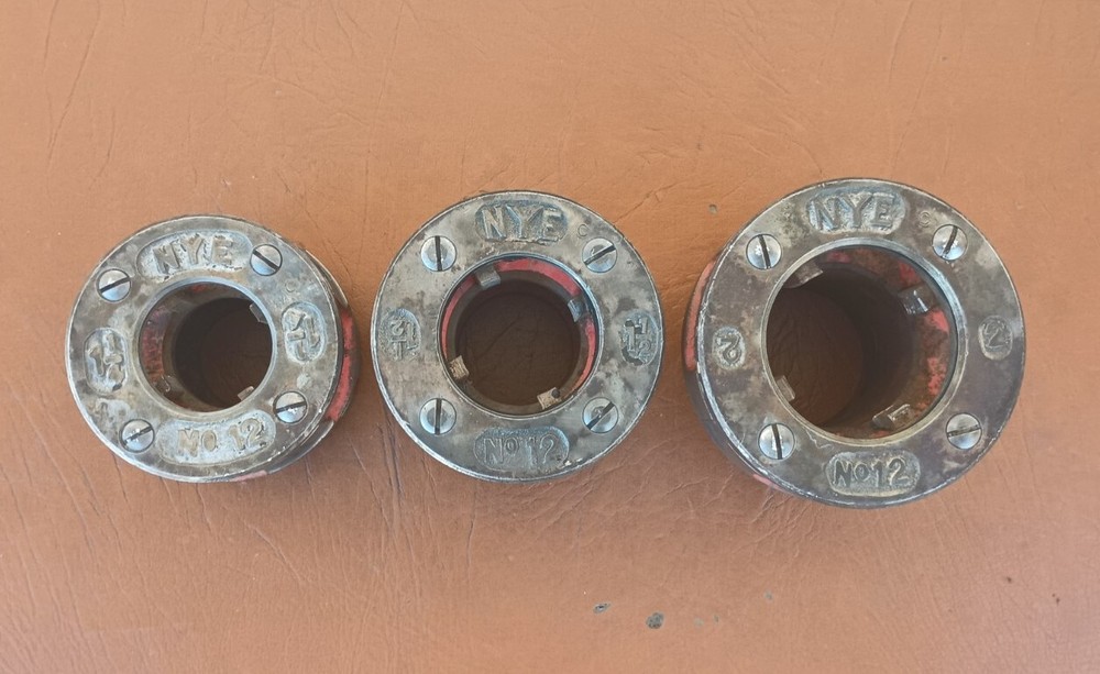3 Piece NYE No. 12 Pipe threader dies 1-1/4&Prime;, 1-1/2&Prime;, 2&Prime; no chipped teeth