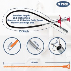 35.5inch Drain Clog Remover(1pcs), 25inch Snake &lrm;black Orange White