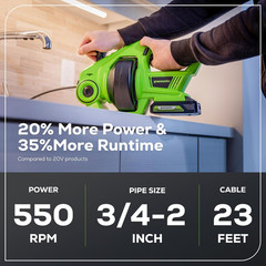 24V Cordless Drain Auger &ndash; 23FT, 560 RPM, Battery & Charger Included