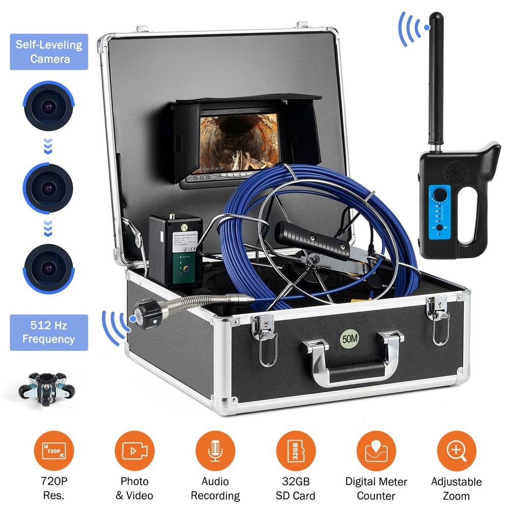 7 in Self-Leveling Sewer Camera w Locator 164ft Cable Length Counter Pipe Camera