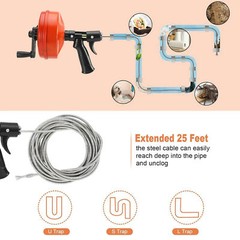 Drain Auger 25ft 1/4in Drum Plumbing Drain Snake Clog Remover Autofeed
