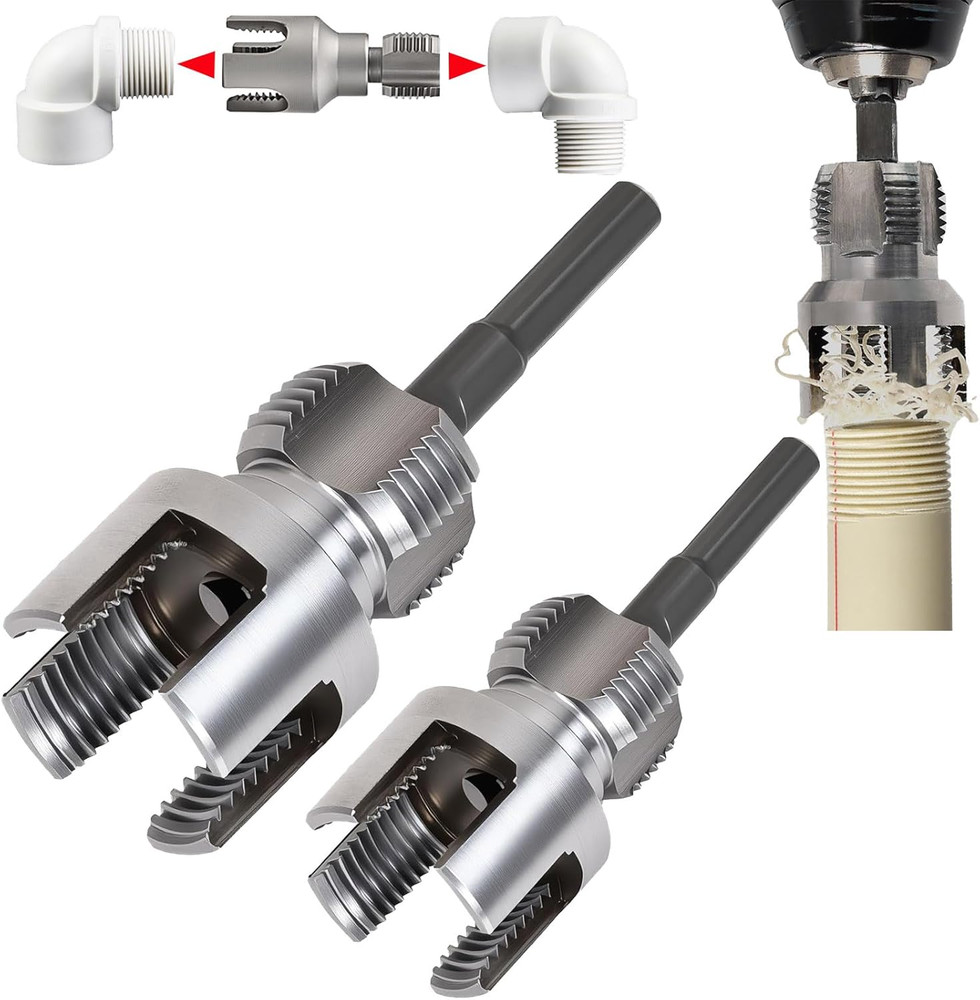 PVC Pipe Threader Kit, 3 Piece Set, 1/2&Prime; 3/4&Prime; NPT Sizes, Dual-Function Internal
