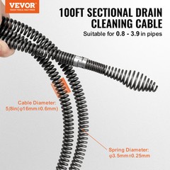 VEVOR Sectional Drain Cleaning Cable 100FTx5/8In & 7 Cutters for 0.8&Prime;-3.9&Prime; Pipes