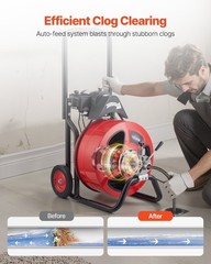 Auto-Feed Drain Auger: 100ft Steel Cable, 1700RPM, Foot Switch, 4 Cutters