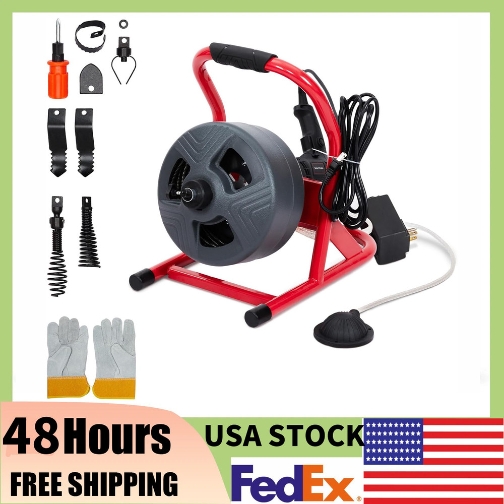 NEW,50FT x 5/16&Prime;Drain Cleaner Machine, Sewer Snake Auger Auto Feed with 6 Cuttes